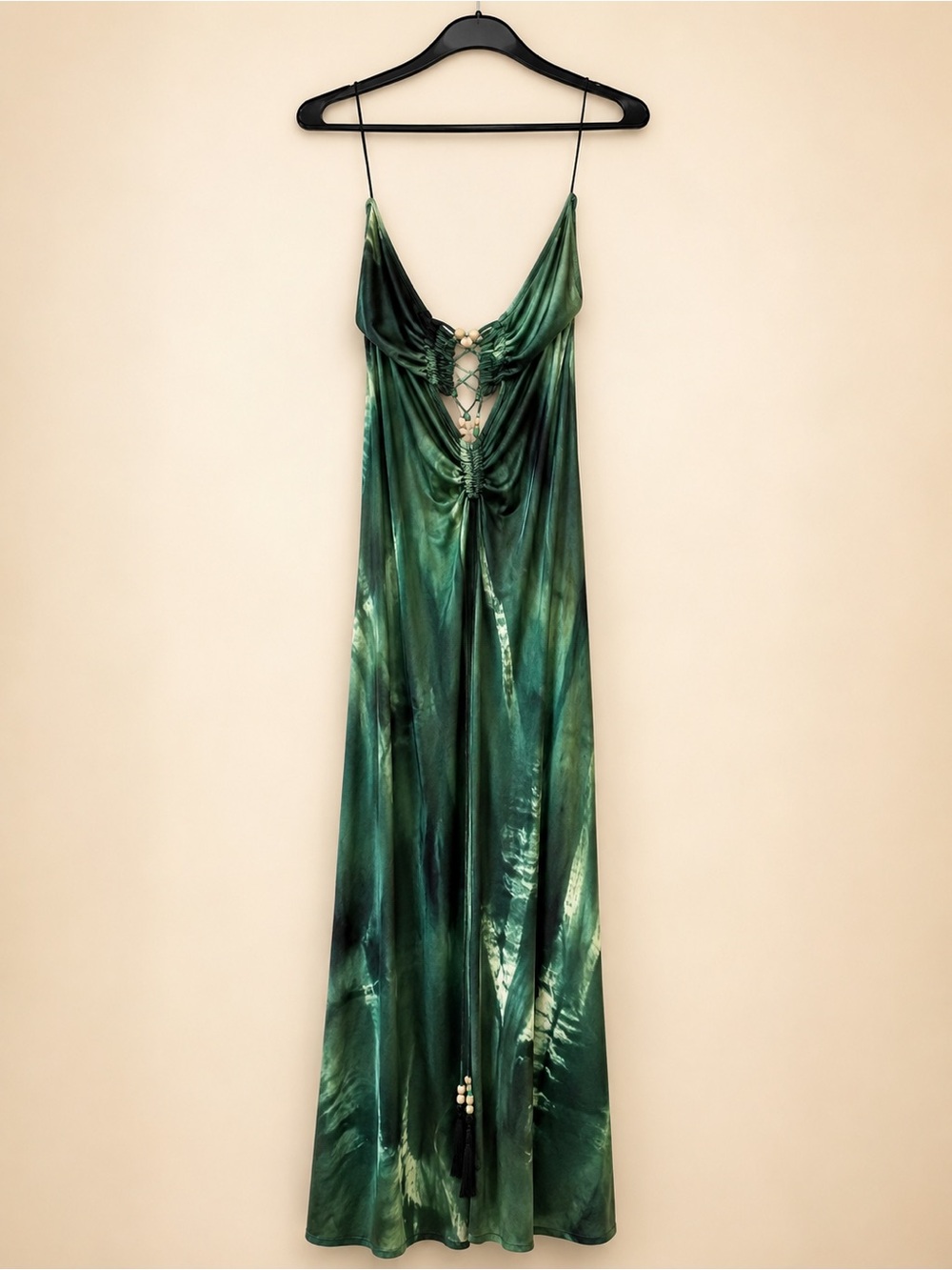 NWOT Desigual Green Abstract Cutout Maxi Dress Open Back Beaded Medium